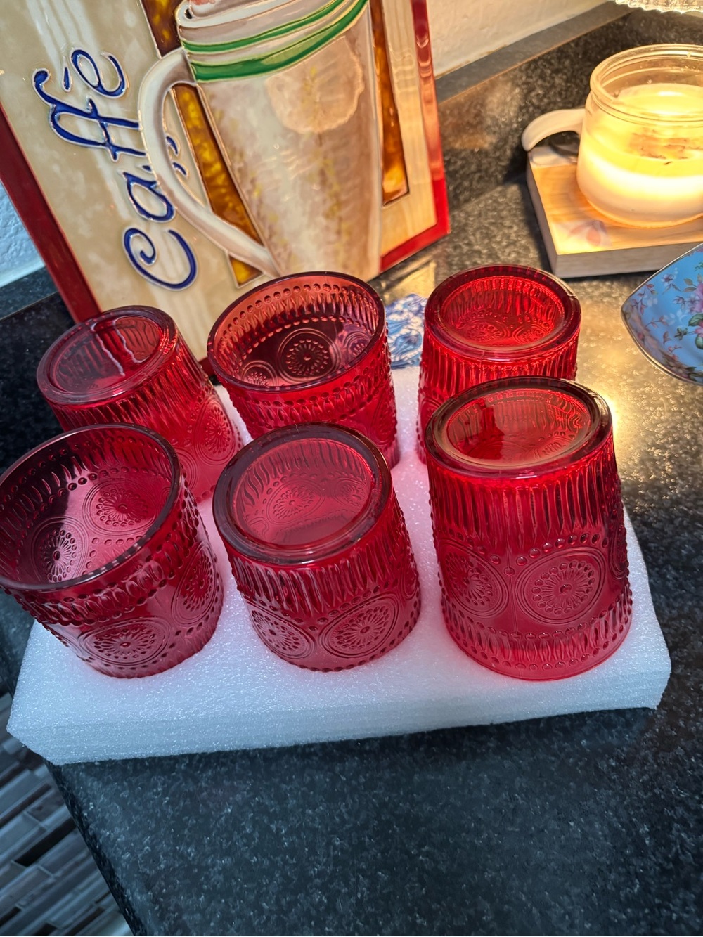 Set of 6 Decorative Red Pressed Glass Tumblers - Picture 1 of 5